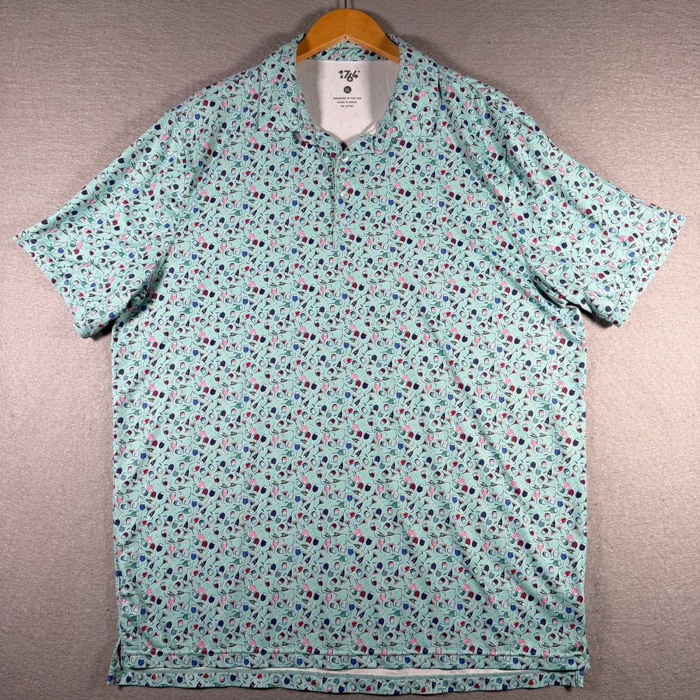 1764 Mens XL Performance Polo Shirt Teal Wine Cocktail Glass Print Stretch Golf